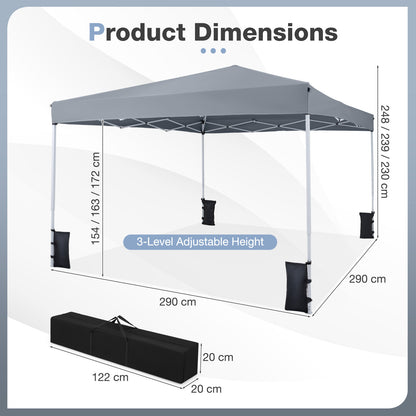 290 x 290 cm Pop up Canopy Tent with Carrying Bag and 4 Sandbags-Grey
