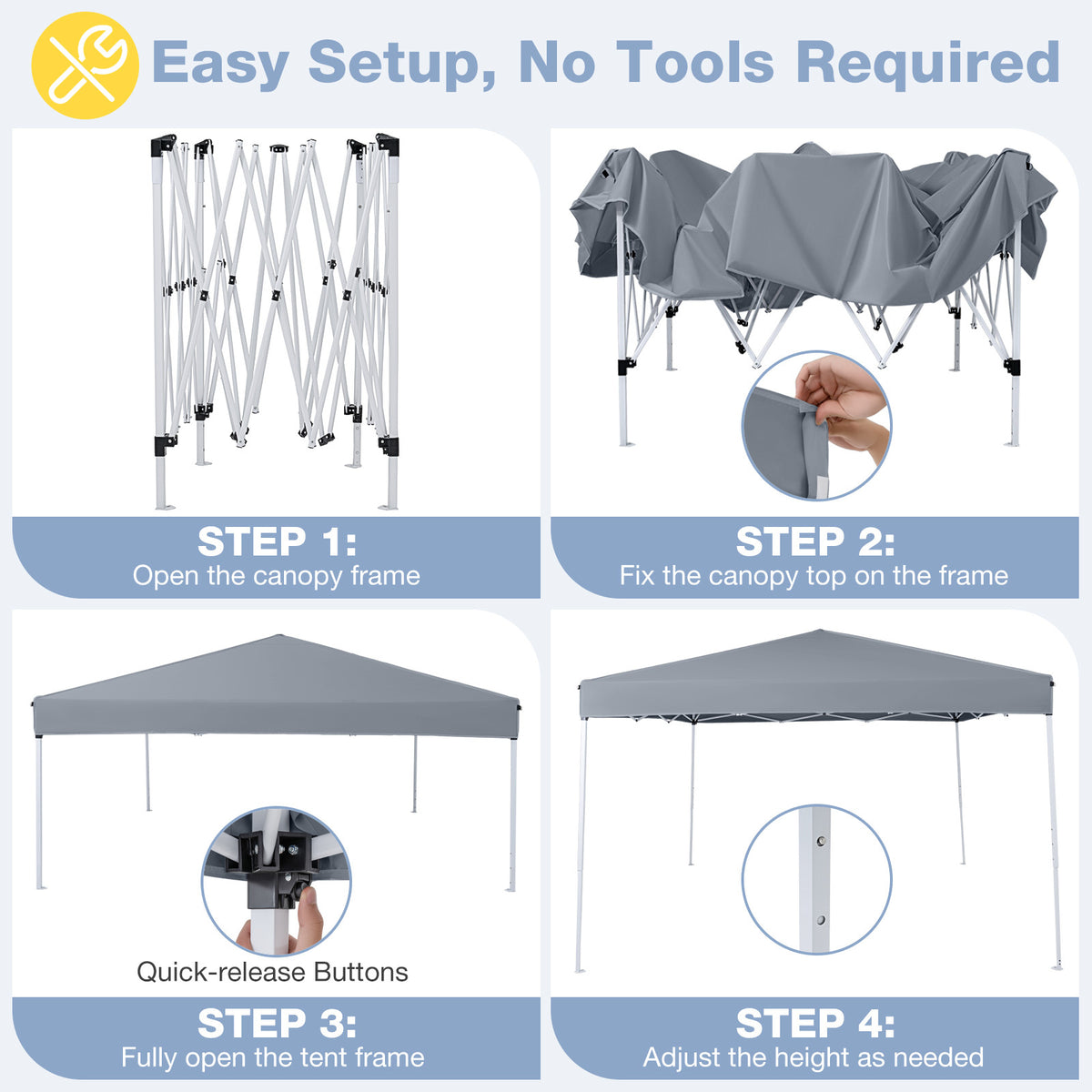 290 x 290 cm Pop up Canopy Tent with Carrying Bag and 4 Sandbags-Grey