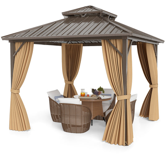 290 x 290 cm Hardtop Gazebo with Netting and Curtain and Double-Roof Metal Top-Coffee set up with outdoor furniture