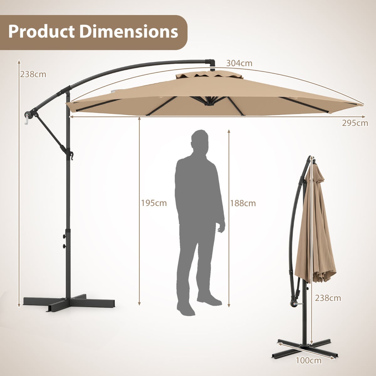 295 cm Patio Offset Umbrella with Easy Tilt Adjustment and Crossed Base-Brown