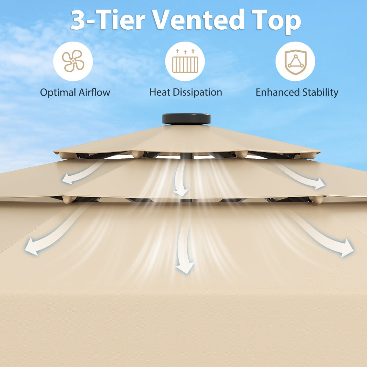 295 cm Solar Patio Umbrella with 32 LED Lights and 3-Tier Vented Top-Beige