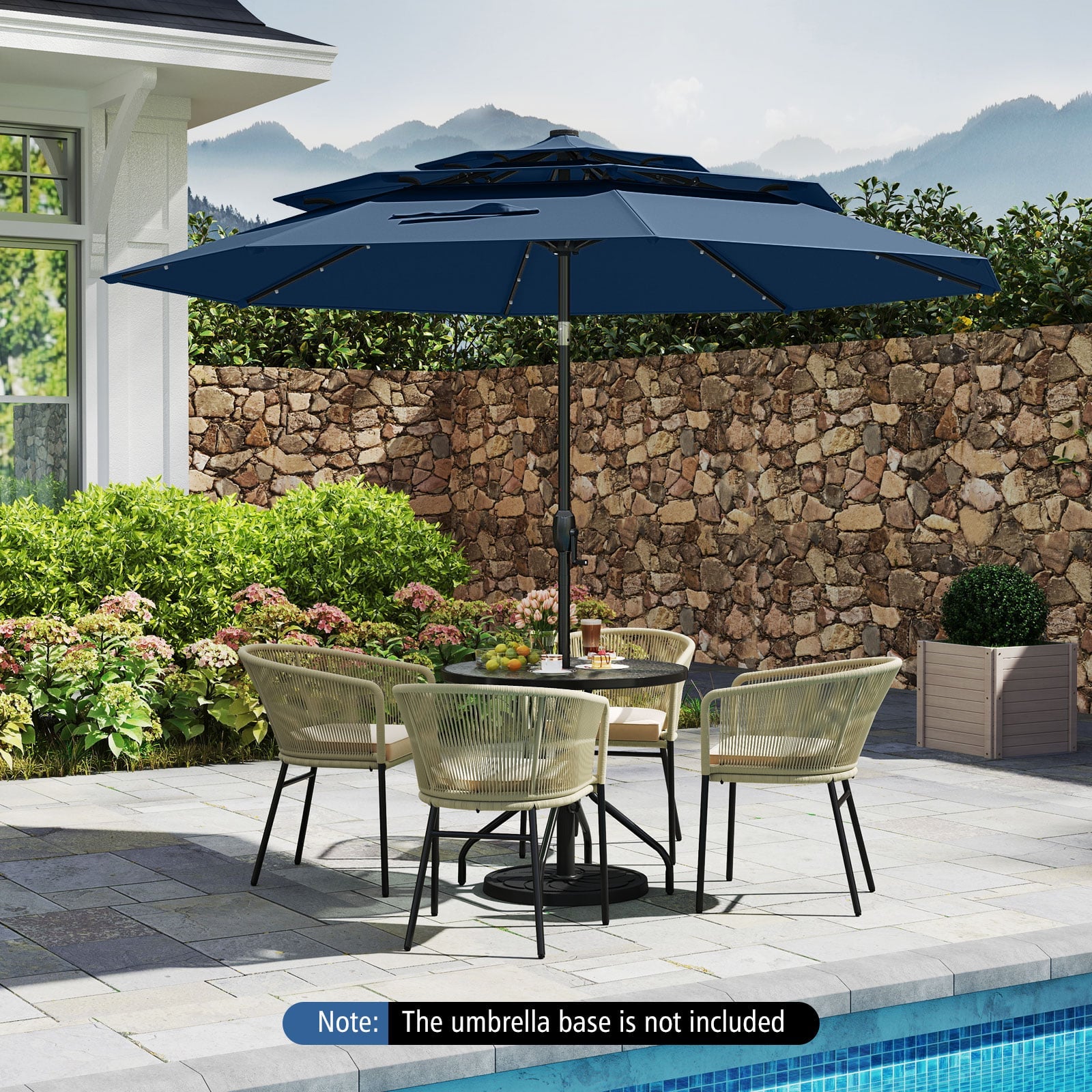297 cm Solar Patio Umbrella with 32 LED Lights and 3-Tier Vented Top-Navy
