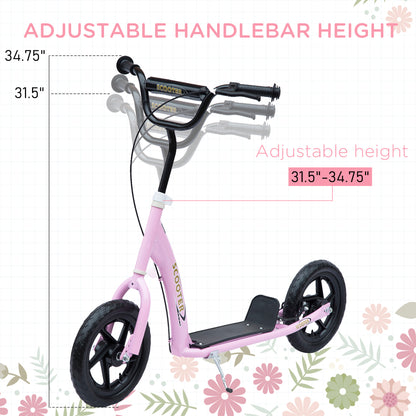 HOMCOM Kids Scooter Kick Scooter, with 12" EVA Tyres, Rear Brake, Big Wheels Scooter for 5-12 Years , Pink