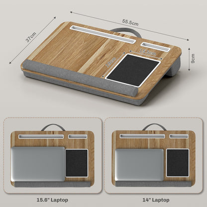 HOMCOM Lap Desk for Bed Sofa, Laptop Tray with Cushion Mouse Pad, Wrist Rest & Phone Holder, Fits Up to 15.6" Laptops, Oak Grey
