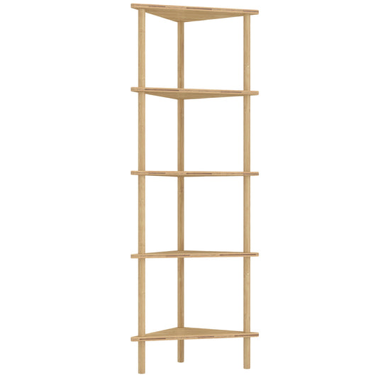 HOMCOM Bamboo Storage Shelf, 5-tier Corner Shelf, Freestanding Shelving Unit for Living Room, Home Office, Natural Wood Finish