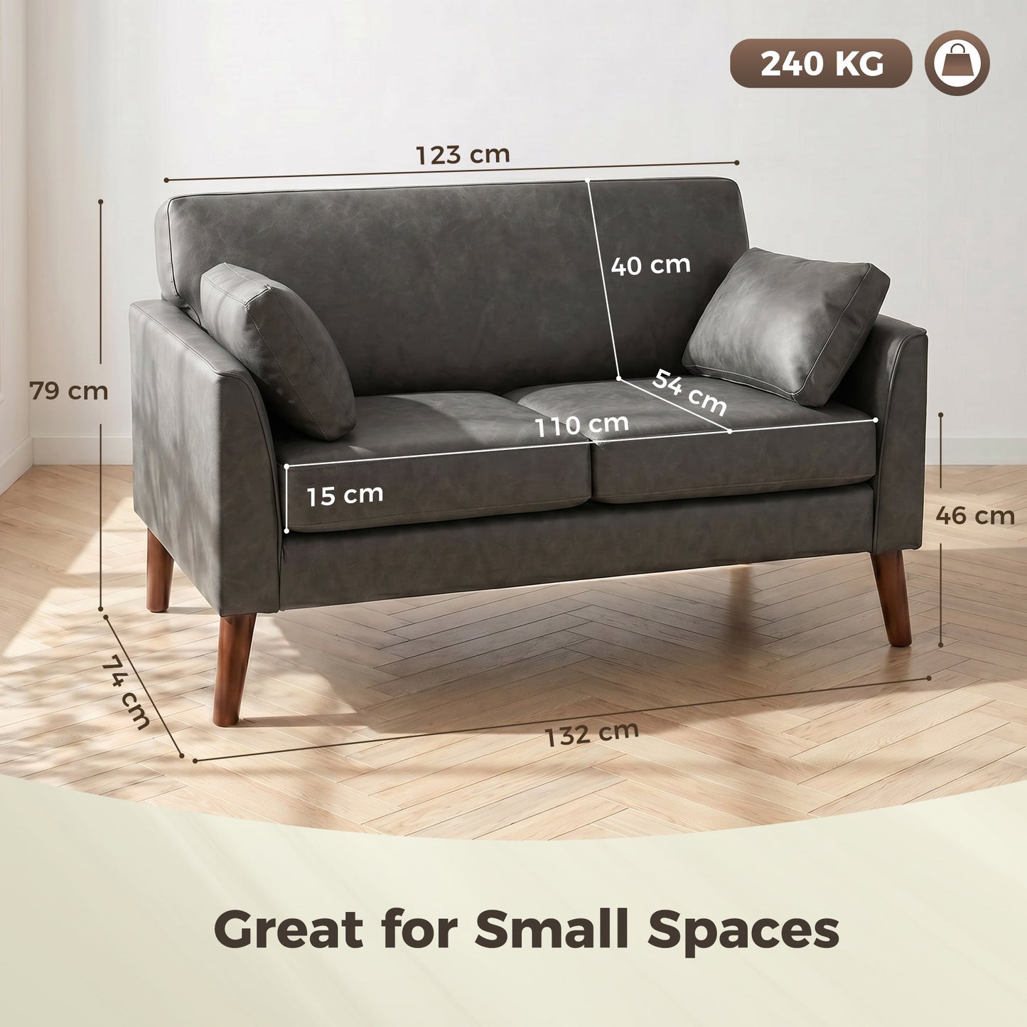 HOMCOM 2 Seater Sofa, 132 cm Modern Small Sofa with Solid Wood Legs and 2 Pillows for Small Space, Grey