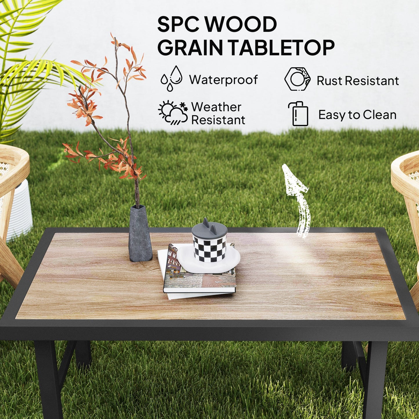 Outsunny Metal Garden Coffee Table, Outdoor Side Table with SPC Woodgrain Tabletop for Outside, Garden, Balcony, Porch, 100 x 53 x 46cm, Brown