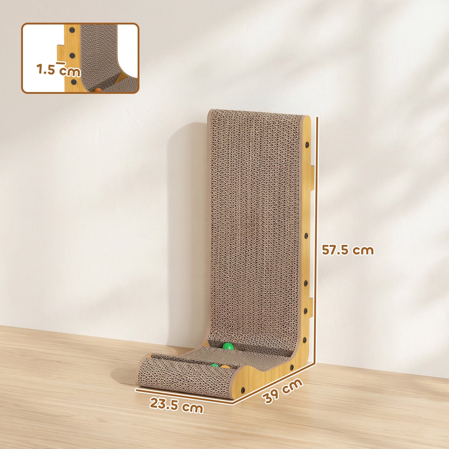 PawHut Cat Scratching Board Wall Mounted Cat Scratcher Corrugated 3 Toy Balls 39 x 23.5 x 57.5 cm Brown