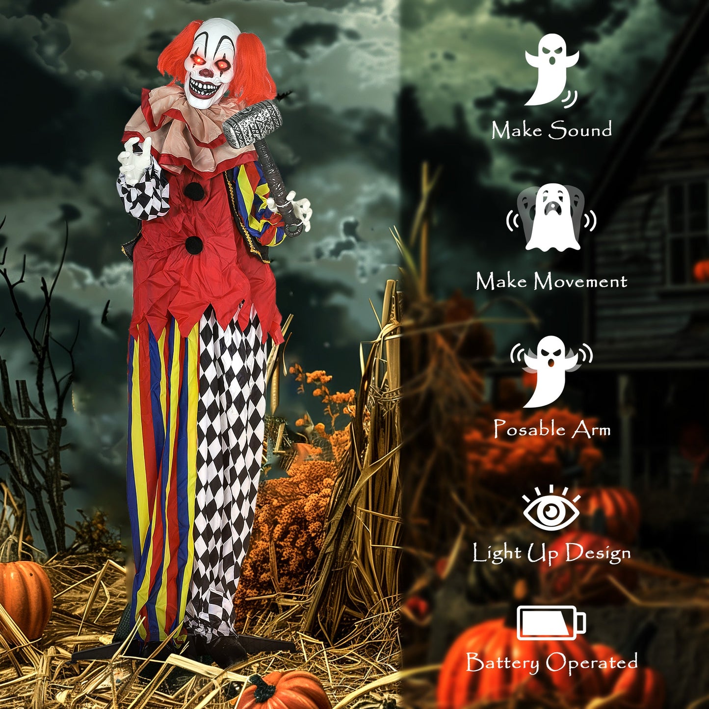Outsunny 173 cm Life Size Halloween Animated Standing Clown & Hammer with Red Light Up Eyes, Sound Activated Moving Arms & Head, Scary Clown Halloween Decorations, Battery Operated, Indoor Party Props