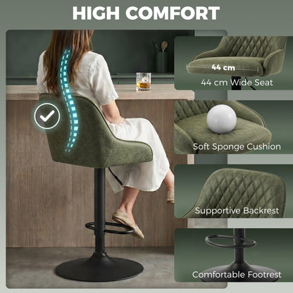HOMCOM Bar Stools Adjustable Swivel Kitchen Chairs with Backrest Set of 2 for Kitchen Island Dark Green