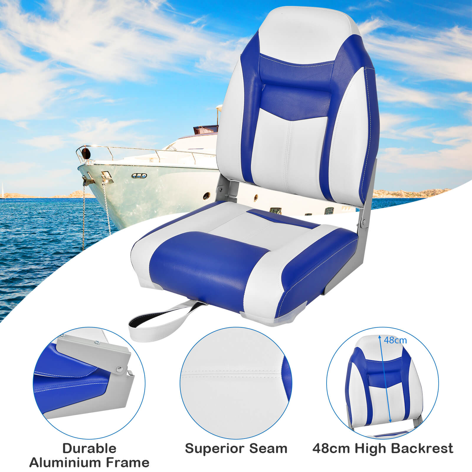 2 Pieces High Back Boat Seat with High-density Sponge Cushion-Blue