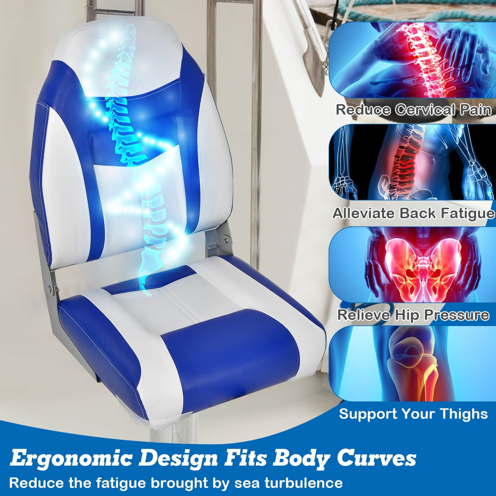 2 Pieces High Back Boat Seat with High-density Sponge Cushion-Blue