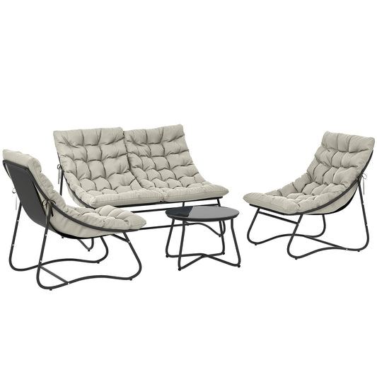 Outsunny 4 Seater Garden Furniture Set, Conversation Set with Loveseat Sofa, Chairs, Glass Coffee Table, Thick Cushions, Steel Outdoor Sofa for Balcony, Poolside, Conservatory, Light Grey