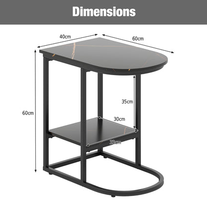 2-Tier C-shaped End Table Modern Sofa Side Table with Metal Frame-Black