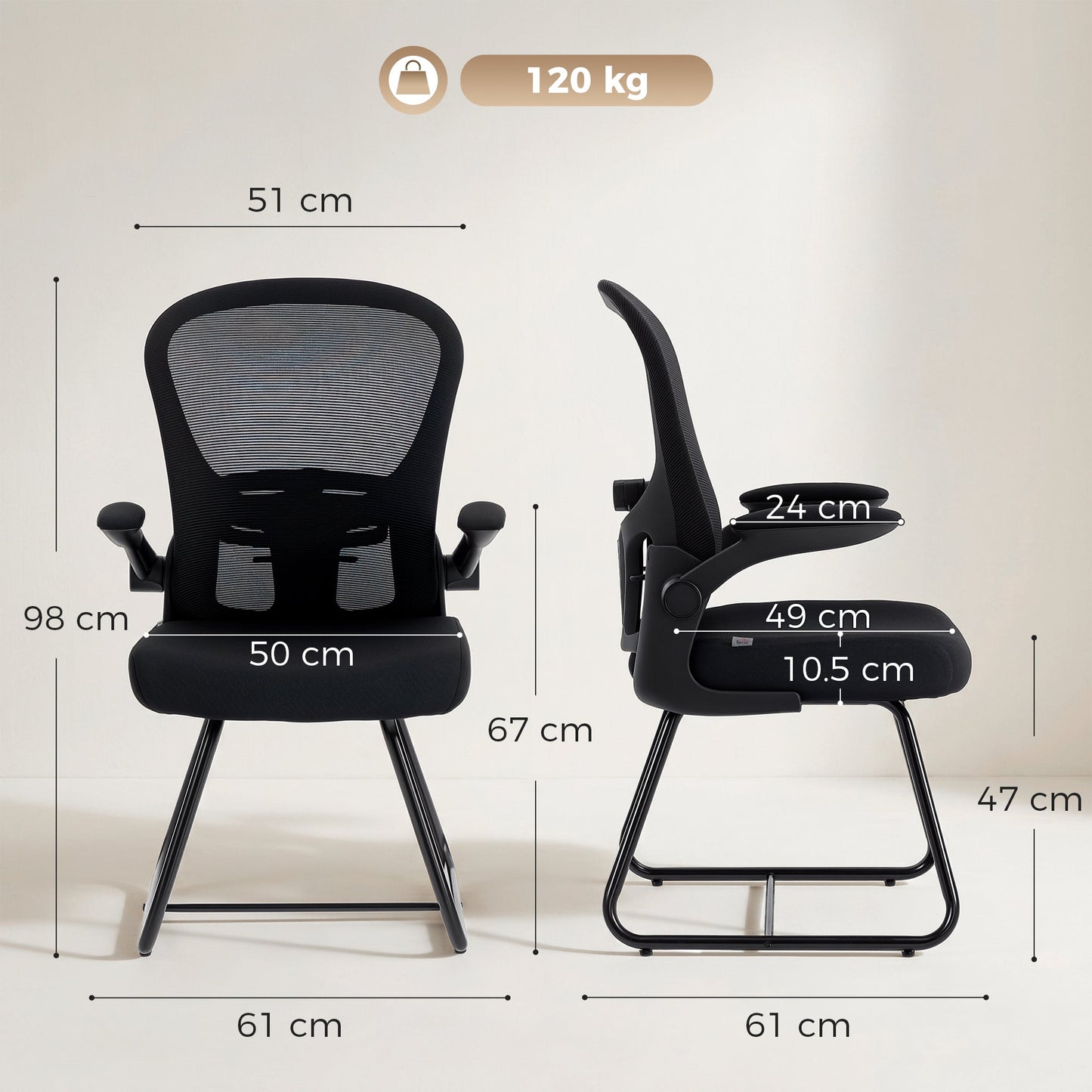 HOMCOM Reception Chair, Conference Meeting Office Chair with Flip-up Armrest, Mesh Backrest, Lumbar Support and Metal Base
