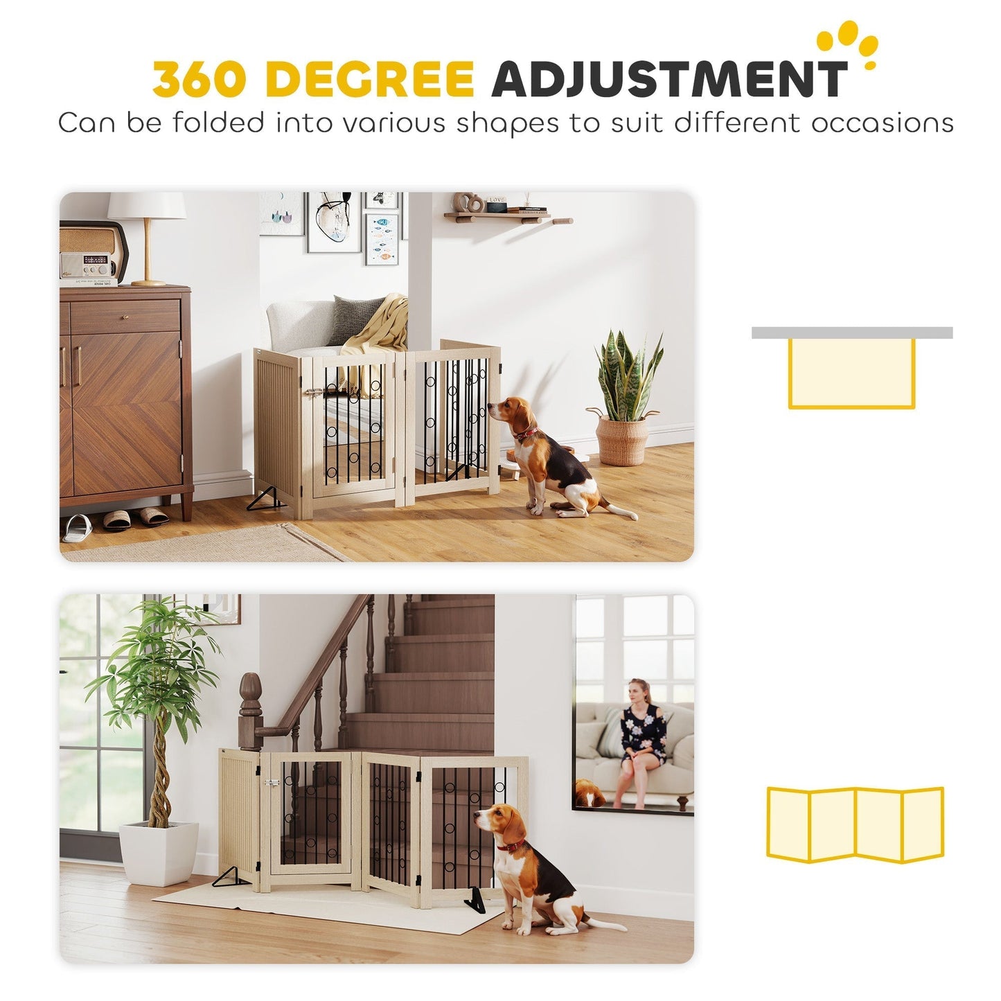 PawHut 4 Panel Freestanding Pet Gate, Indoor Dog Barrier with Lockable Door, Support Feet, 360 degrees Flexible Hinges, Oak