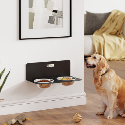 PawHut Wall Mount Dog Bowls, Adjustable Height Raised Dog Feeding Station with 2 Stainless Steel Bowls, 10kg Capacity, Black