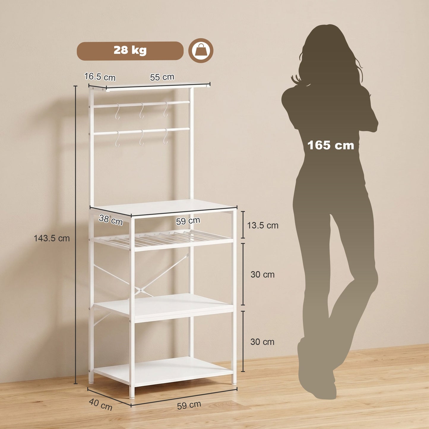 HOMCOM Freestanding Shelving Unit, Industrial Storage Shelf with 6 Hooks and Wine Rack for Living Room, Home Office, White