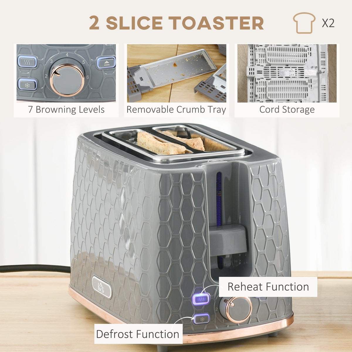 HOMCOM 1.7L 3000W Fast Boil Kettle & 2 Slice Toaster Set, Kettle and Toaster Set with Auto Shut Off, Browning Controls, Grey