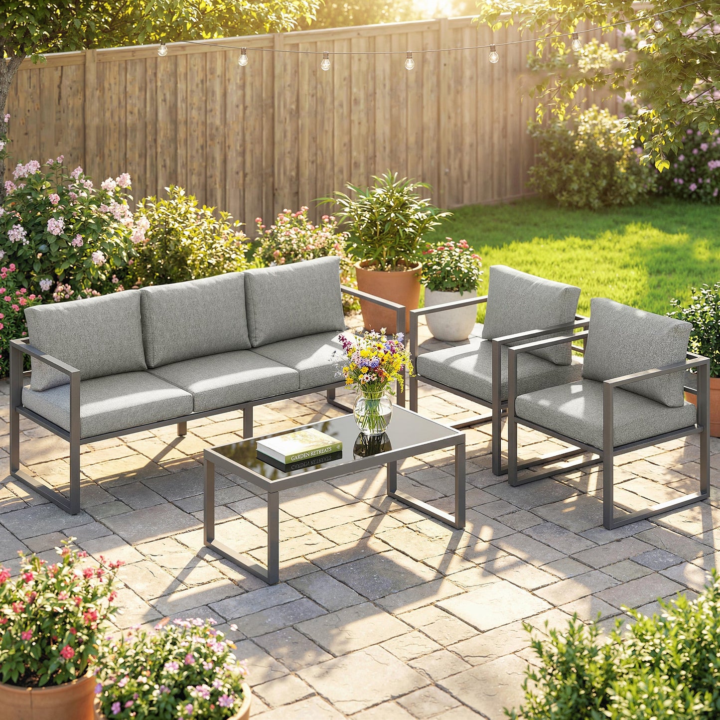 Outsunny 4 Piece Outdoor Garden Furniture Set, Patio Furniture with 3-Seater Sofa, Armchairs and Coffee Table