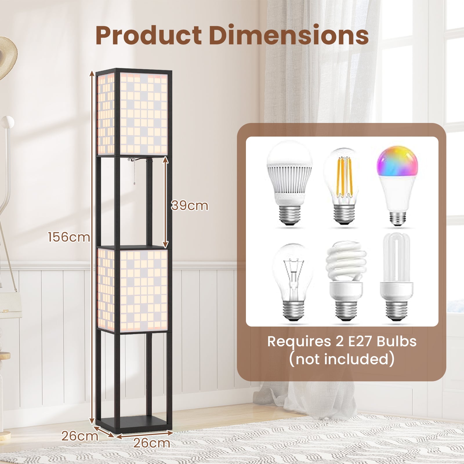 2-Light Floor Lamp with Shelves Wooden Shelf Lamp with 2 Cut-out Patterned Lampshades-Size 1