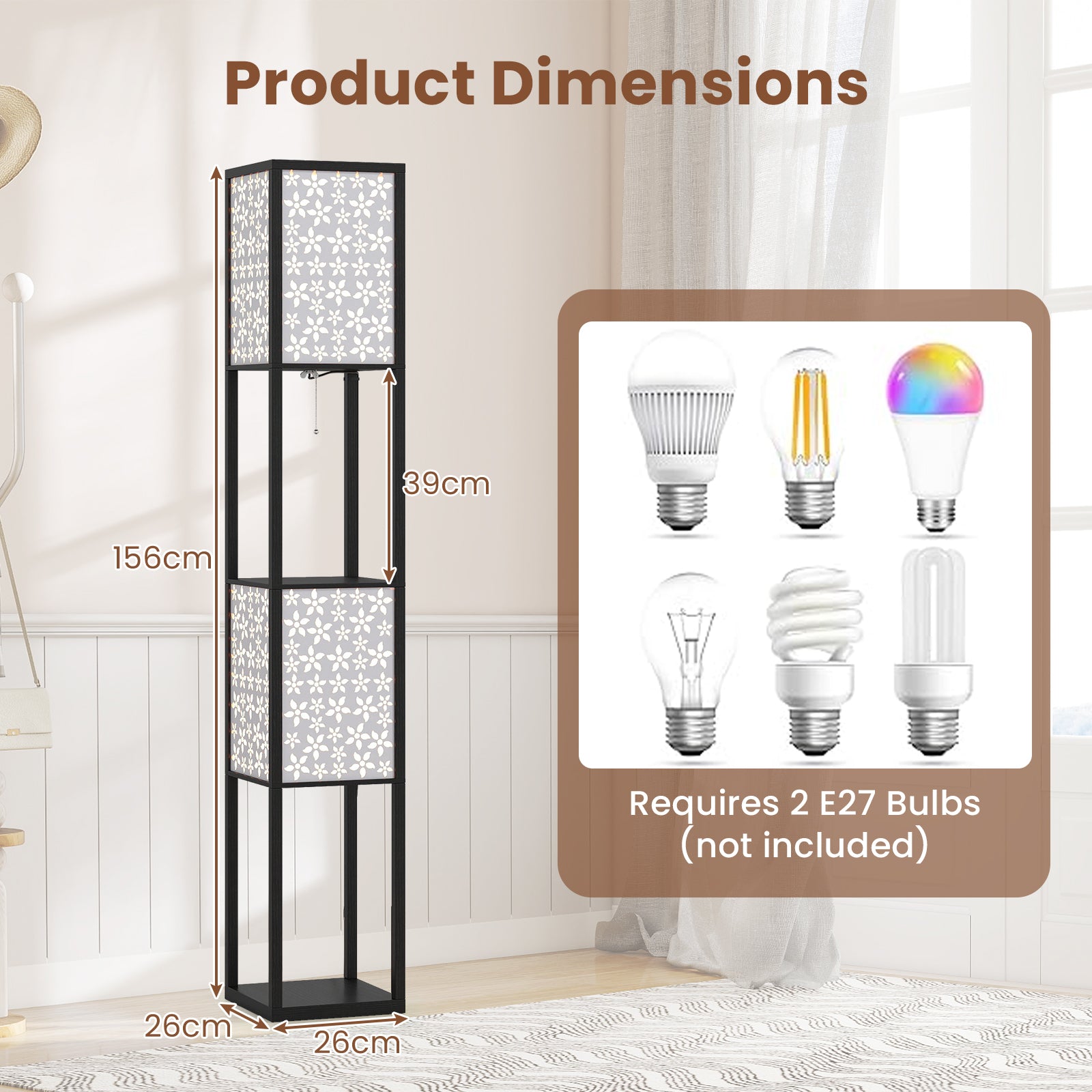 2-Light Floor Lamp with Shelves Wooden Shelf Lamp with 2 Cut-out Patterned Lampshades-Size 2