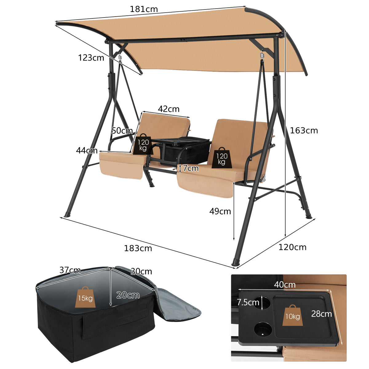 2 Person Outdoor Porch Swing with Canopy and 23L Cooler Bag-Brown