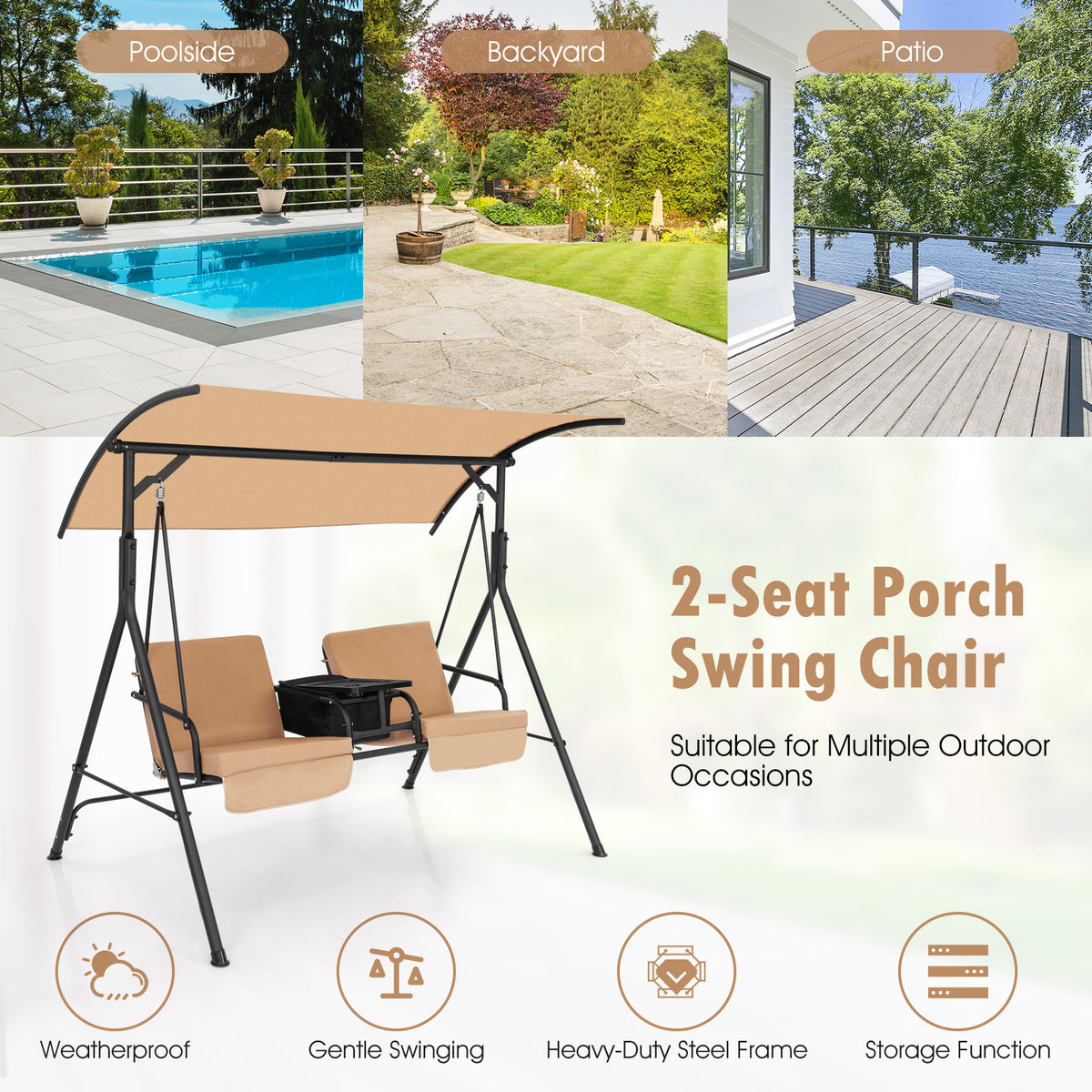 2 Person Outdoor Porch Swing with Canopy and 23L Cooler Bag-Brown