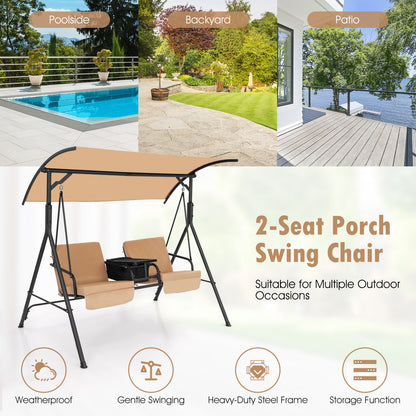 2 Person Outdoor Porch Swing with Canopy and 23L Cooler Bag-Brown