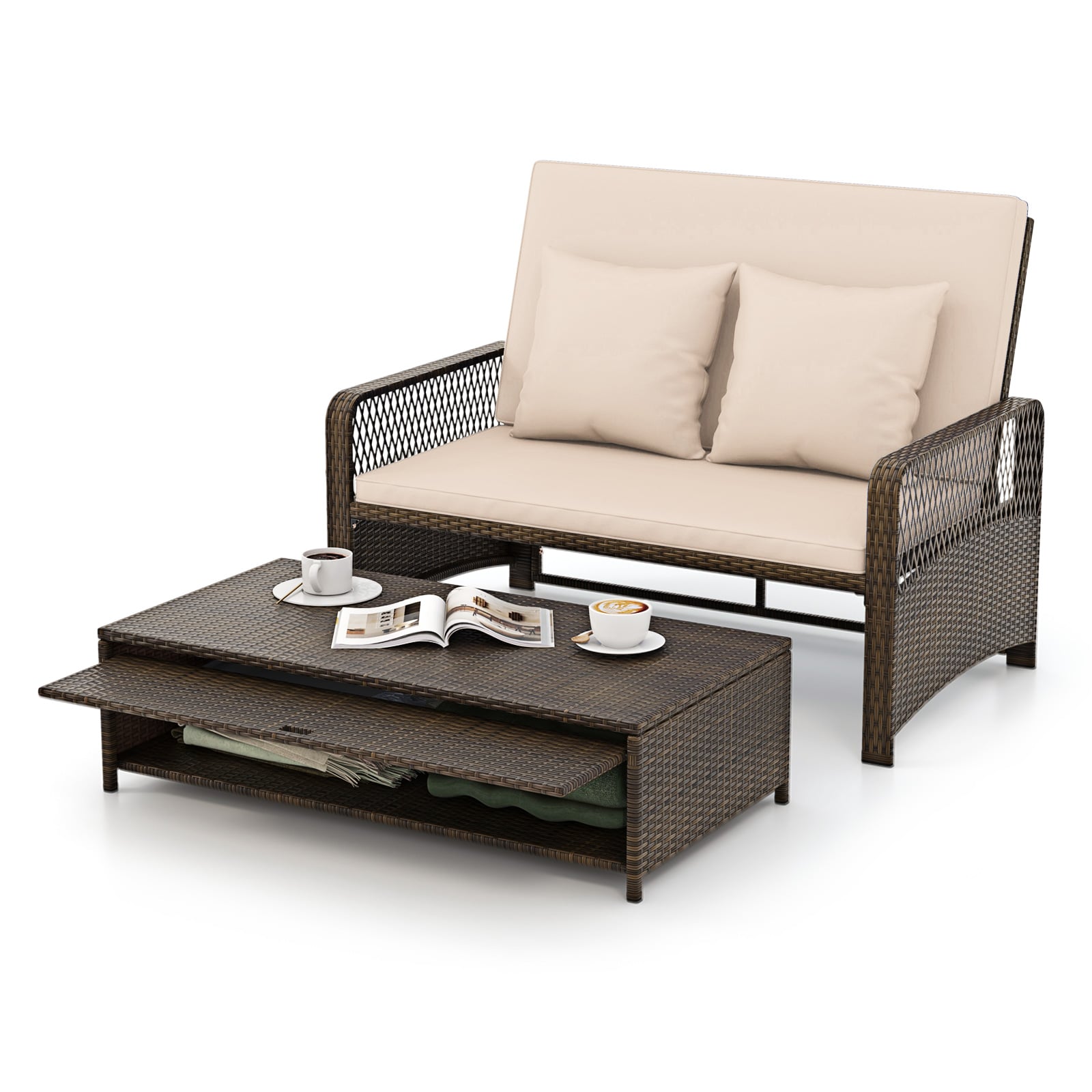 2-Piece Outdoor Wicker Loveseat Sofa Furniture with Storage Ottoman-Brown
