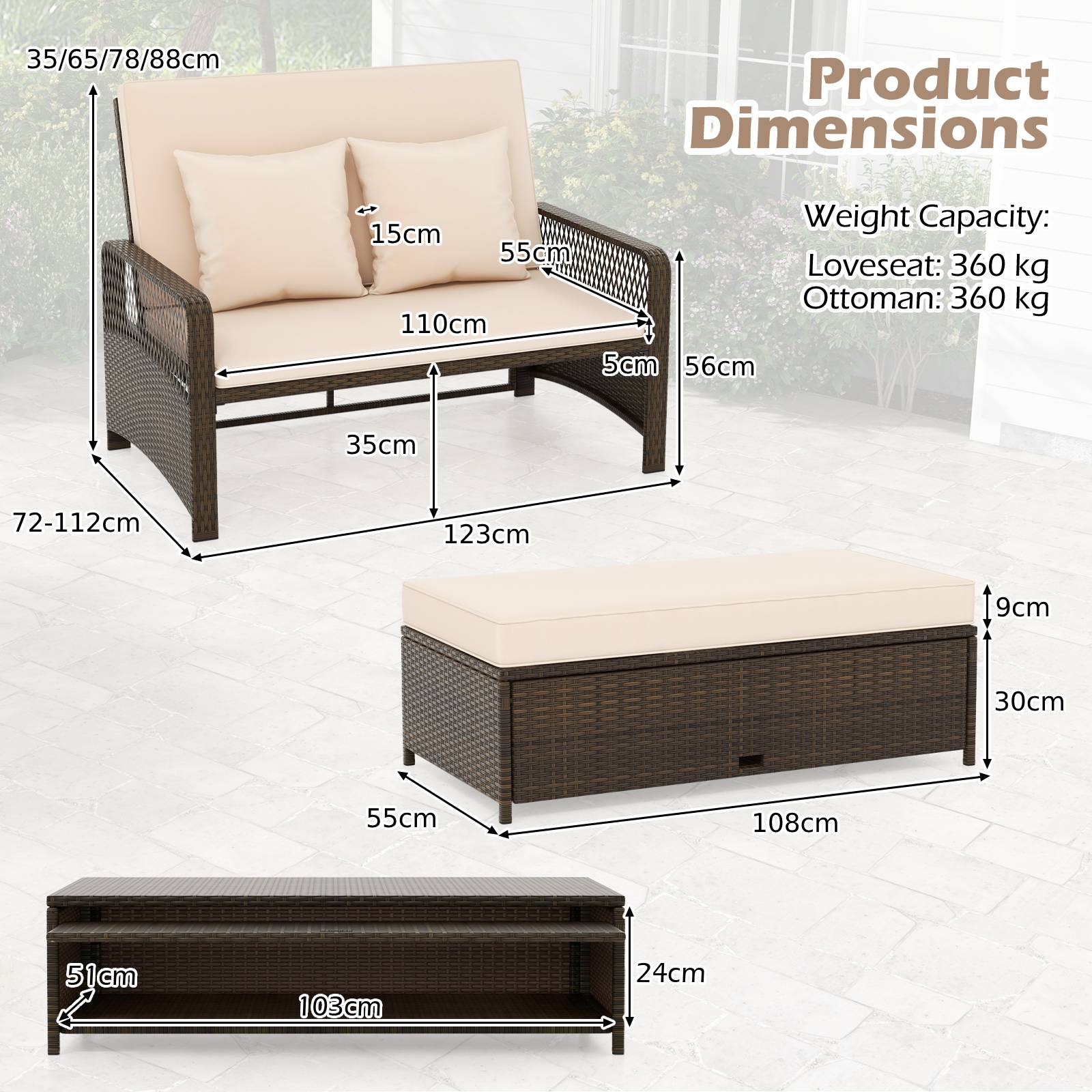 2-Piece Outdoor Wicker Loveseat Sofa Furniture with Storage Ottoman-Brown