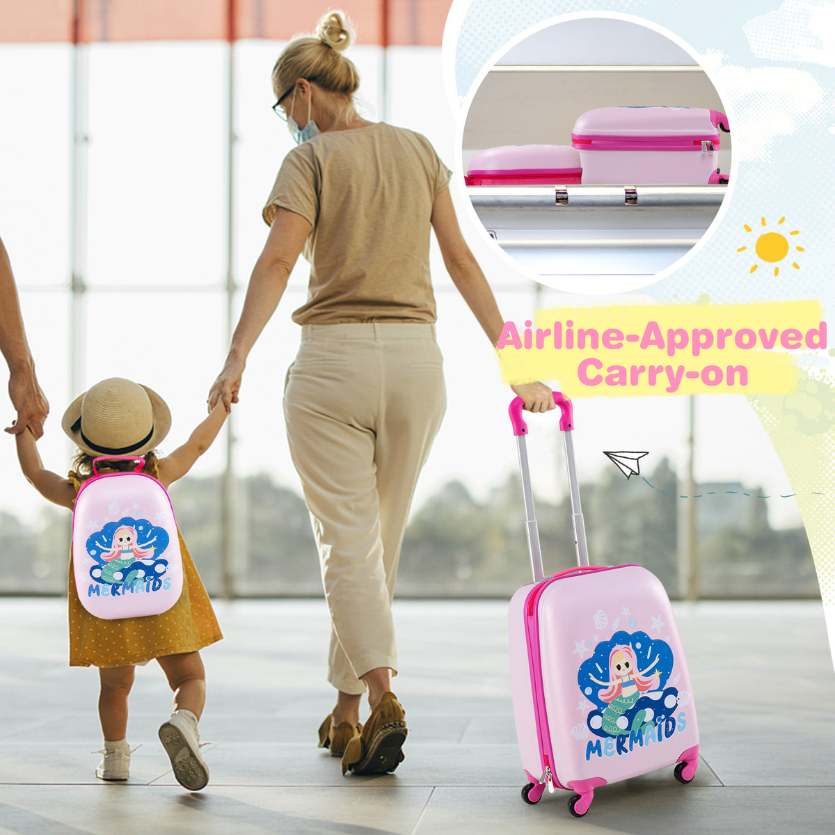 2 Pieces Kids Luggage Set with Wheels and Height Adjustable Handle-Light Purple