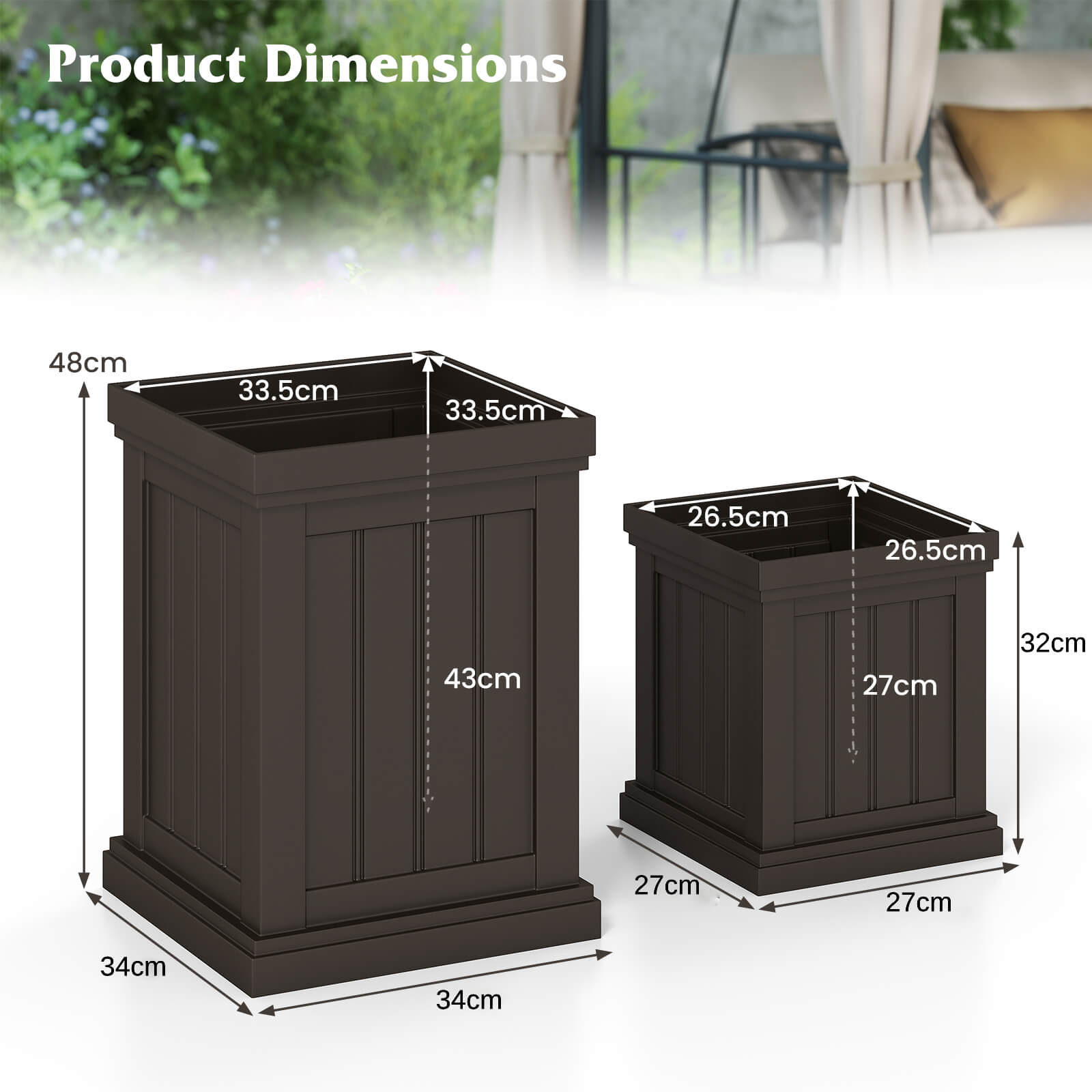2 Pieces Square Plastic Planters 48cm Large and 32cm Small Flower Pots-Light Brown