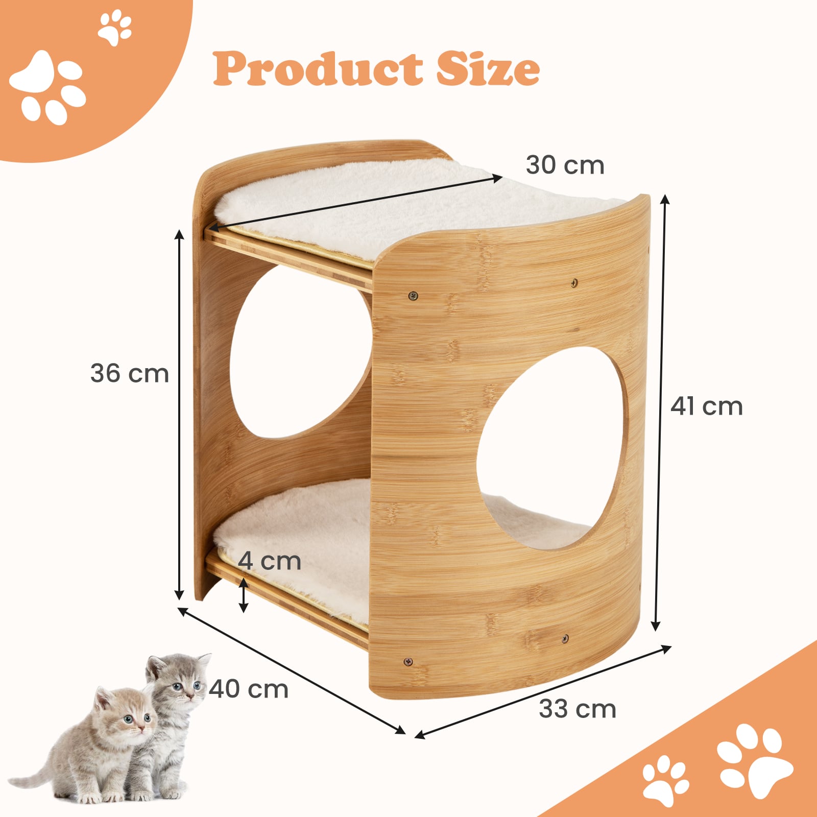2-Tier Elevated Cat Bed Cat Tower with Natural Bamboo Frame-Natural & White