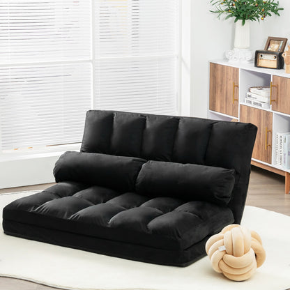 2 in 1 Folding Floor Lazy Sofa Bed with 6 Adjustable Seat Positions and 2 Pillows-Black