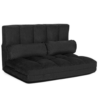 2 in 1 Folding Floor Lazy Sofa Bed with 6 Adjustable Seat Positions and 2 Pillows-Black