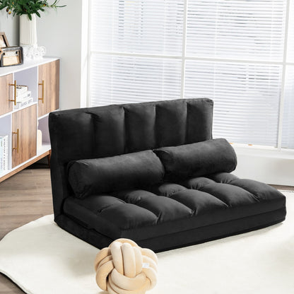 2 in 1 Folding Floor Lazy Sofa Bed with 6 Adjustable Seat Positions and 2 Pillows-Black
