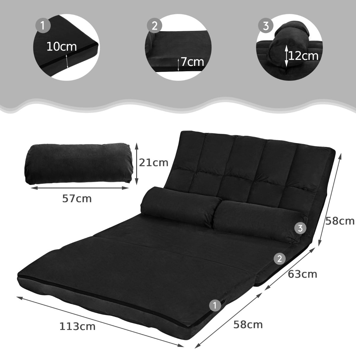 2 in 1 Folding Floor Lazy Sofa Bed with 6 Adjustable Seat Positions and 2 Pillows-Black