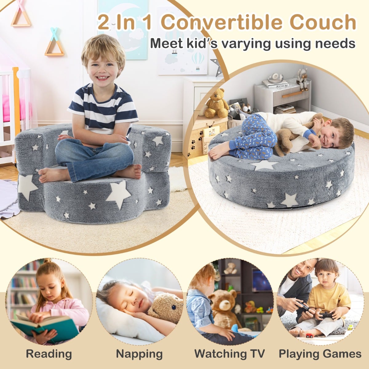 2 in 1 Glow in the Dark Sofa for Toddlers  with Machine Washable Flannel Cover-Grey