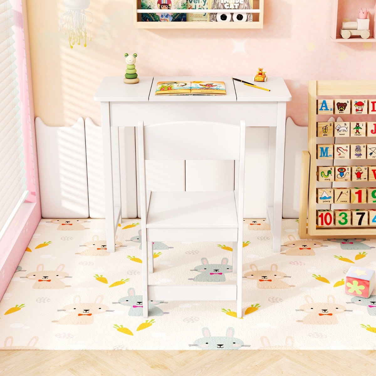 2 in 1 Kids Vanity Table and Chair Set with Flip Top Mirror Hidden Storage-White