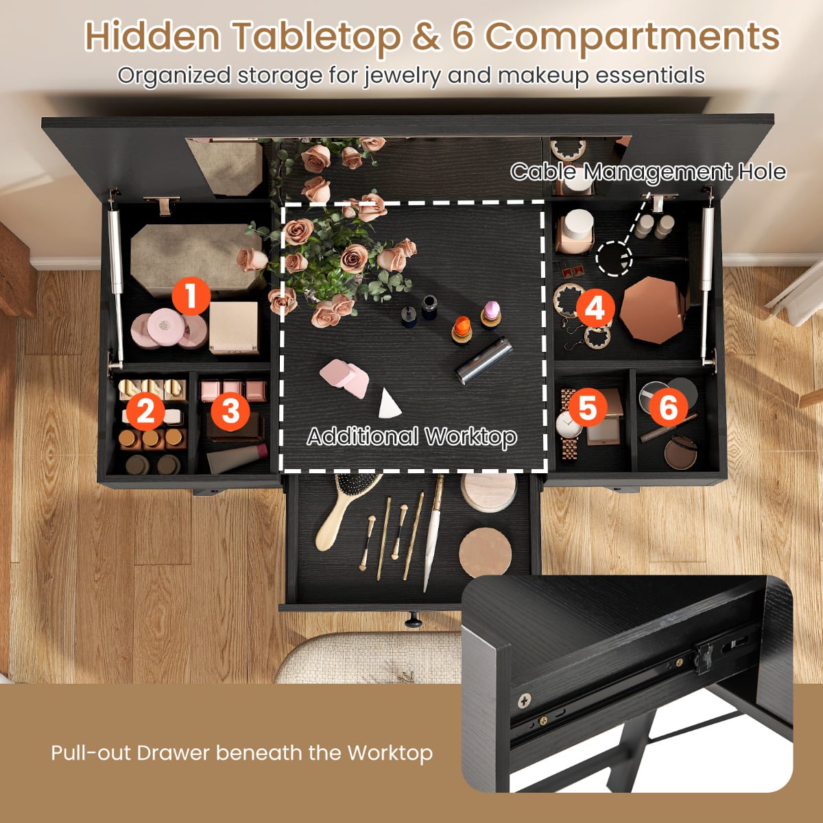 2-in-1 Vanity Desk with Mirror and Charging Station-Black