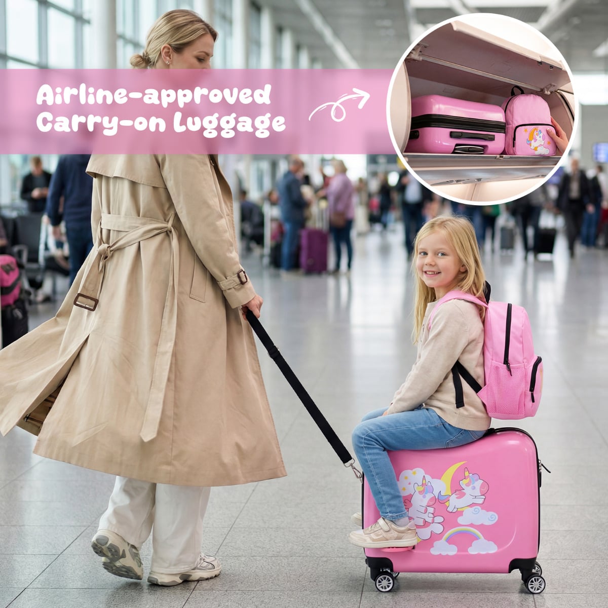 2 Pieces Kid Luggage Set with Spinner Wheels and Lanyard for Carry Strap-Pink