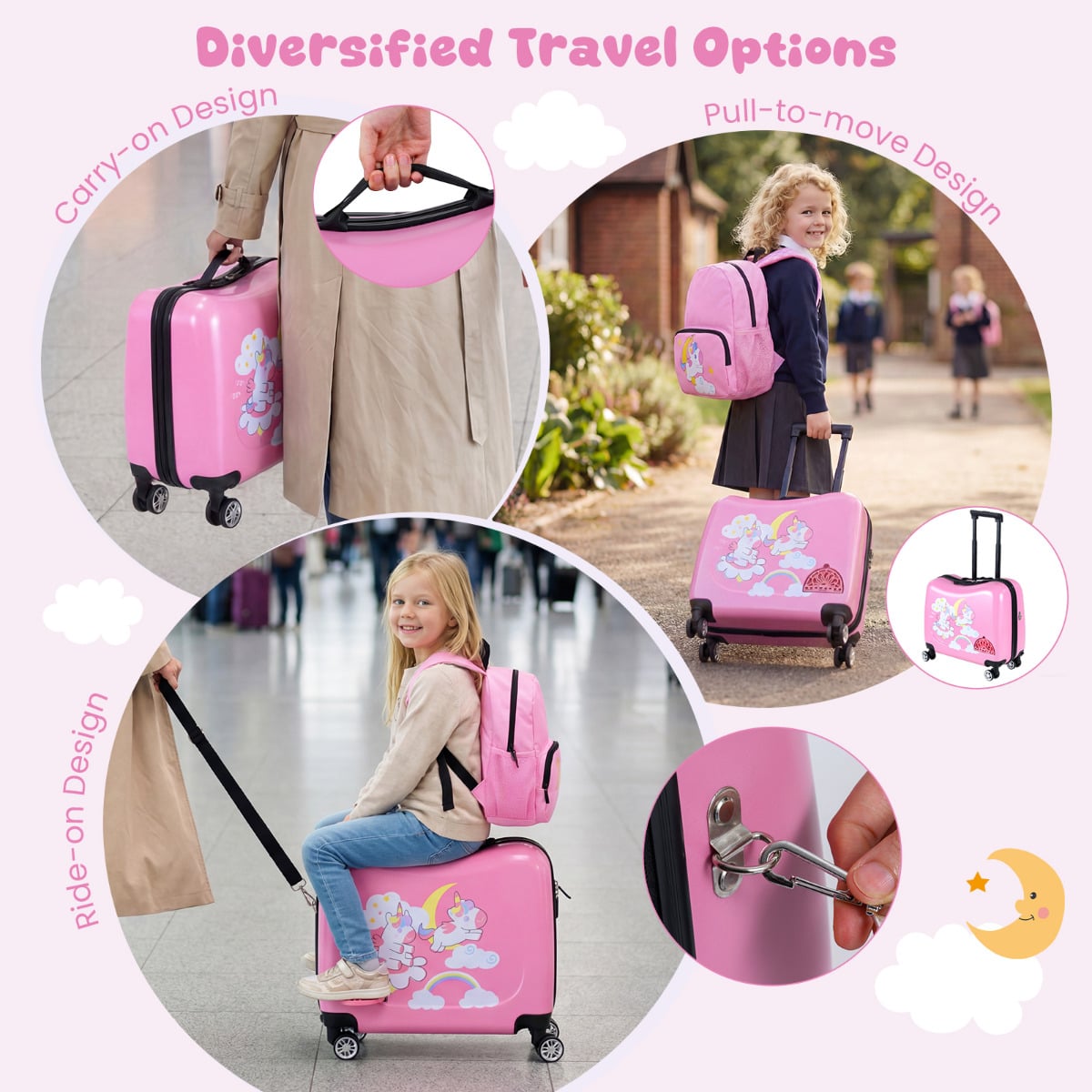 2 Pieces Kid Luggage Set with Spinner Wheels and Lanyard for Carry Strap-Pink