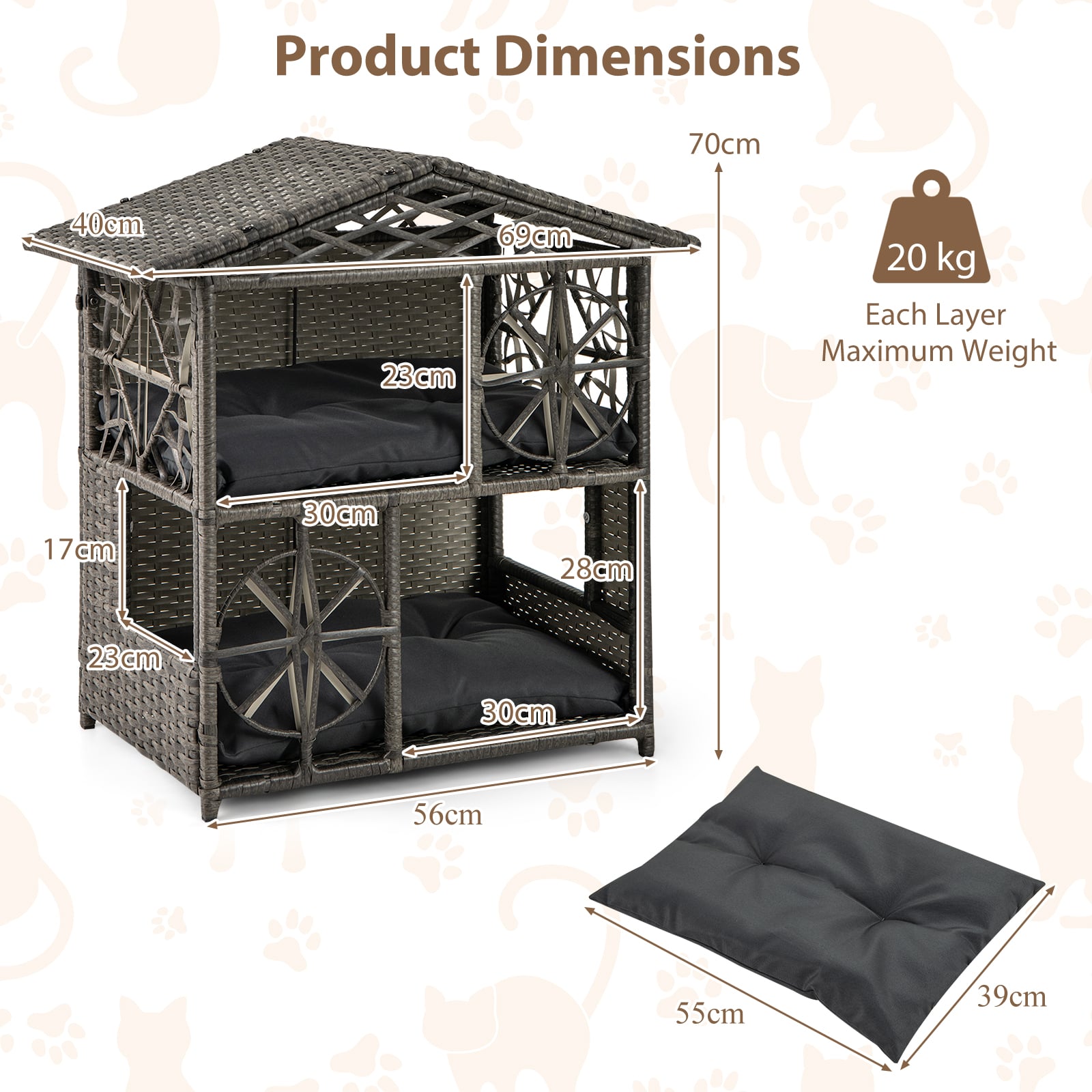 2-storey Wicker Cat House with Removable Cushions-Grey