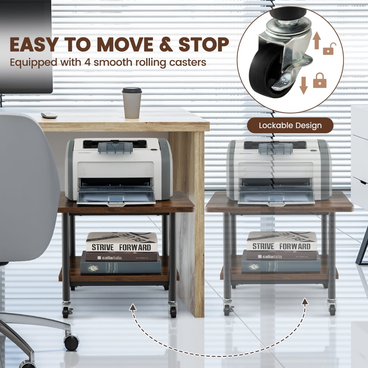 2 Tier Wooden Printer Stand with 360° Swivel Casters-Brown