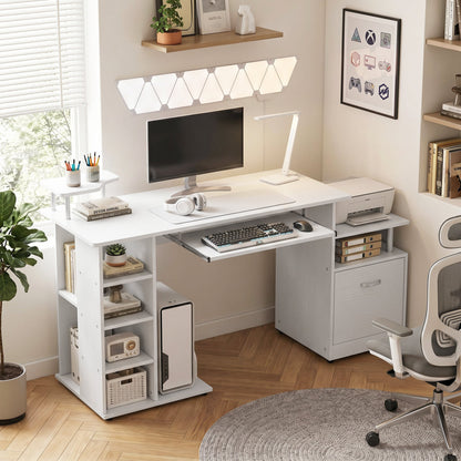 HOMCOM Computer Desk with Drawer Shelves CPU Storage Rack White