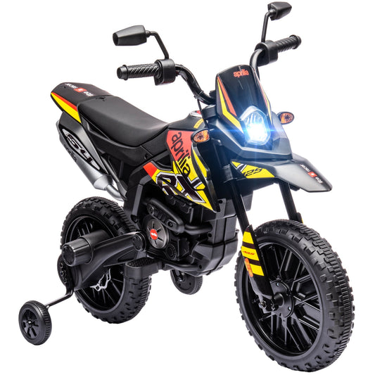 دراجة نارية للأطفال من AIYAPLAY 12V مرخصة من Aprilia مع عجلات تدريب، تعليق زنبركي، مصباح أمامي LED، USB، موسيقى، أصفر/أسود