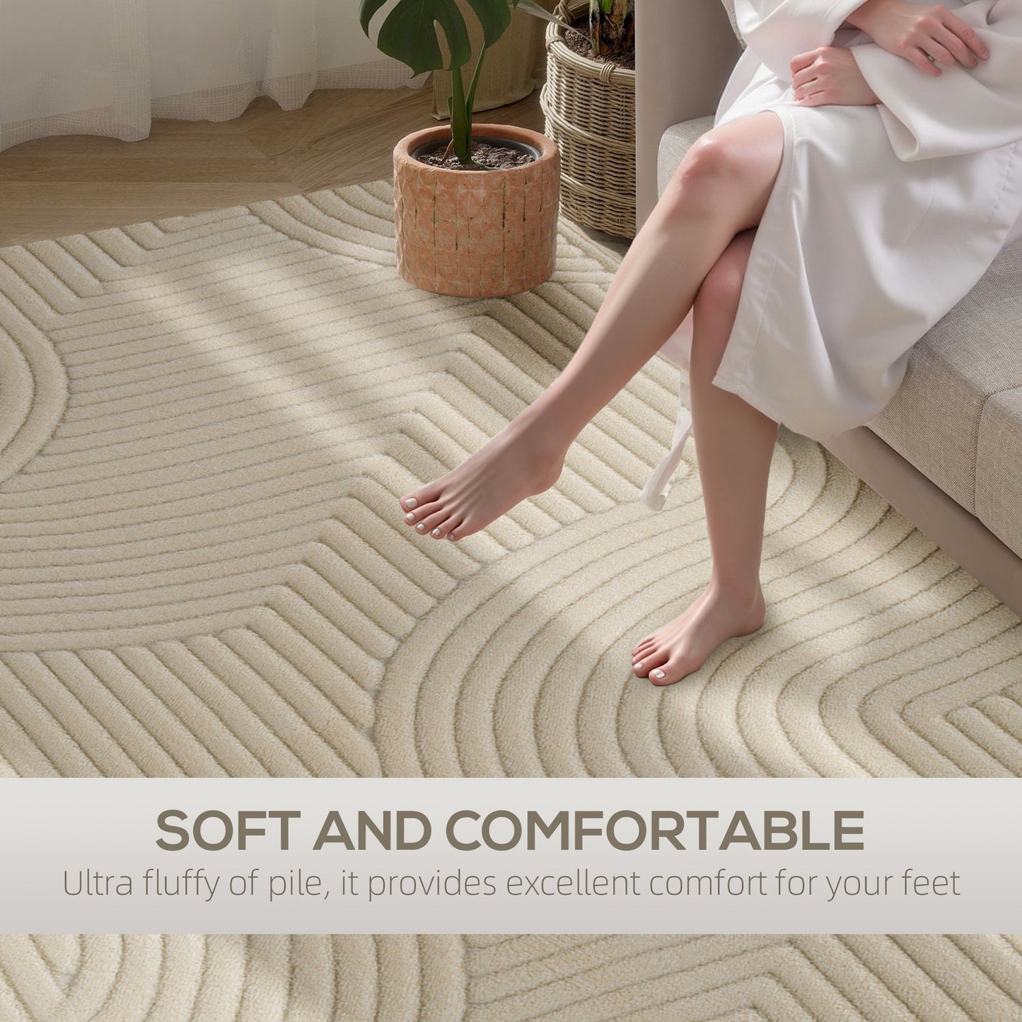 HOMCOM Modern Geometric Rug, Thick & Plush, Non-Slip, 160 x 120 cm - Cream, Living Room/Bedroom/Office