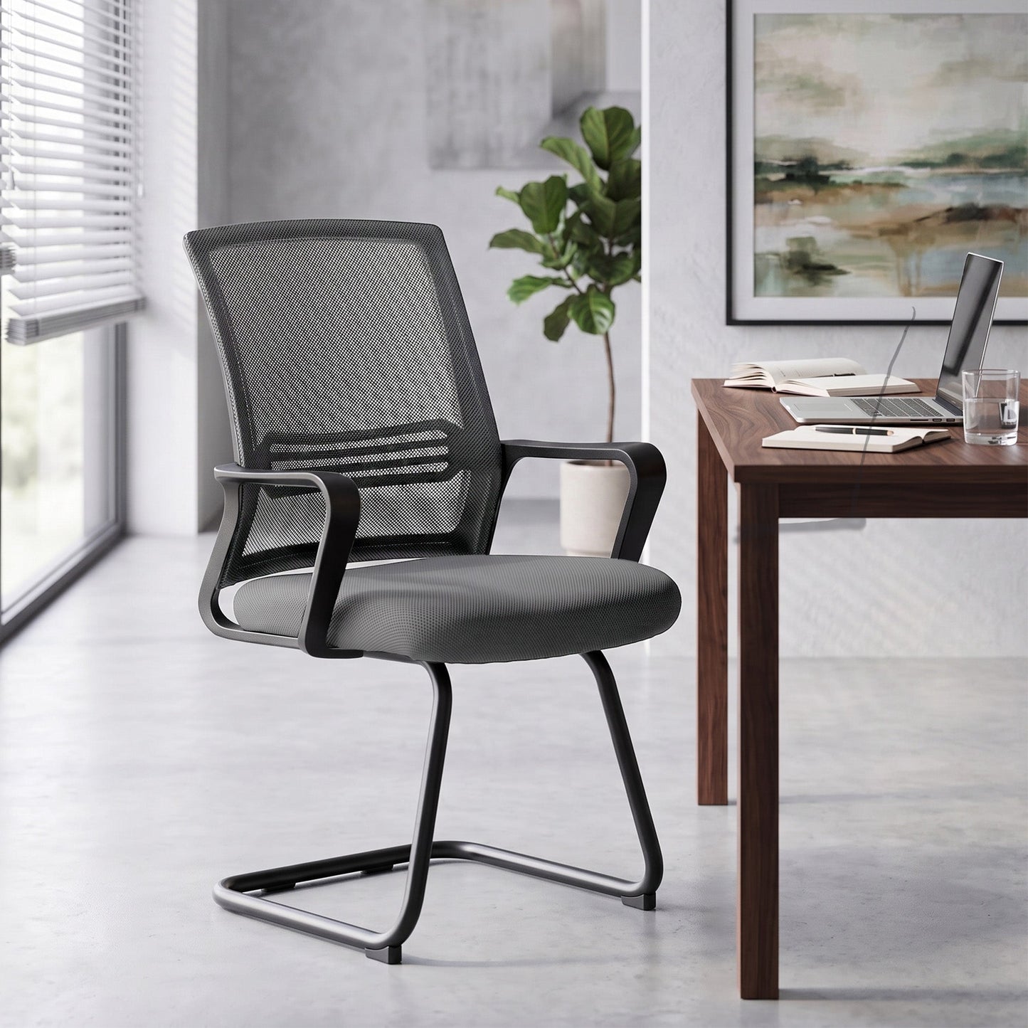 HOMCOM Padded Meeting Office Chair, Ergonomic Desk Chair No Wheels with Sled Base for Bedroom, Waiting, Reception, Dark Grey