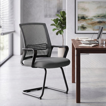 HOMCOM Padded Meeting Office Chair, Ergonomic Desk Chair No Wheels with Sled Base for Bedroom, Waiting, Reception, Dark Grey